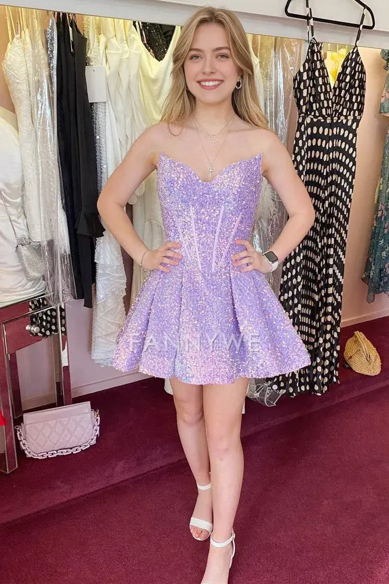 FannyWe Simple Lilac Sequin Strapless A-Line Homecoming Dress formal wear dresses